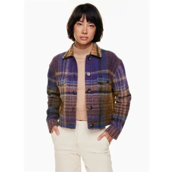 Aritzia Wilfred Free Clarence Violet Purple Plaid Autumn Cropped Shirt Jacket - Picture 2 of 14
